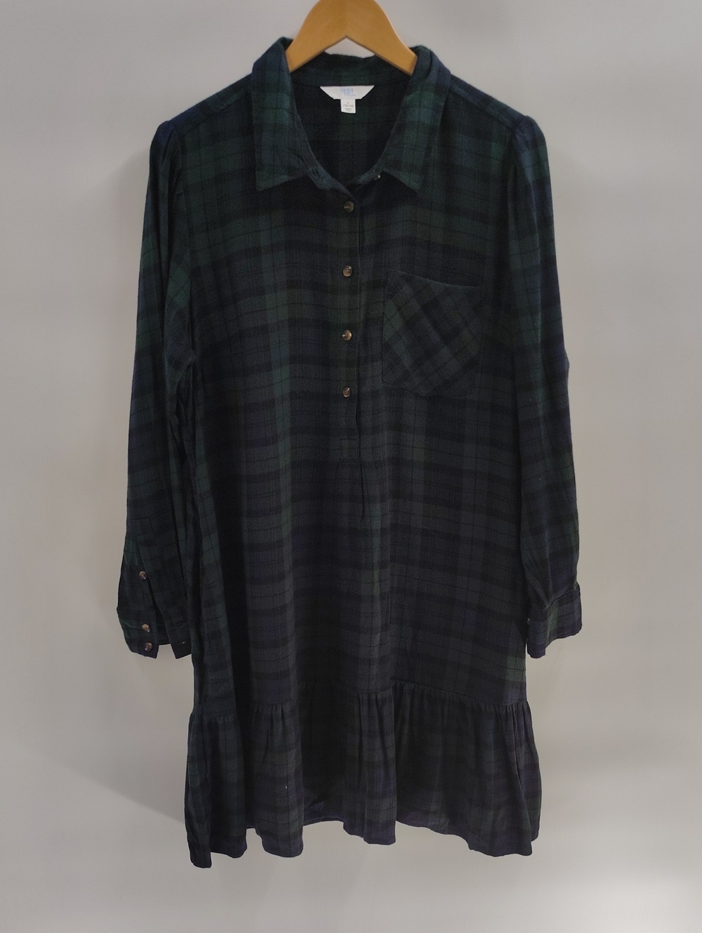 Time & Tru Dress Green Blue Plaid Large 1/2 Button